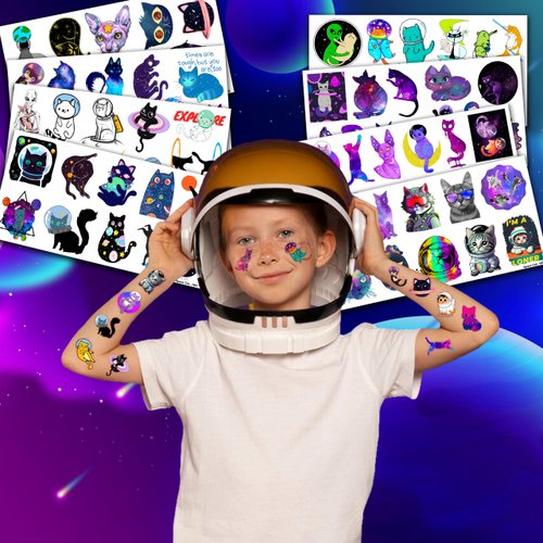 92 PCS Funny Space Cat Temporary Tattoos Stickers Theme Birthday Party Decorations Supplies Favors Decor Cute Galaxy Cats Astronaut Star Tattoo Sticker Gifts For Kids Girls Boys School Prizes Carnival