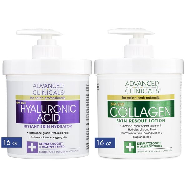 Advanced Clinicals Hyaluronic Acid Body Lotion + Firming Collagen Cream 2pc Skin Care Set | Skin Tightening Body Moisturizer & Face Lotion | Hyaluronic Acid Lotion | Skin Care Products, 2pc Bundle