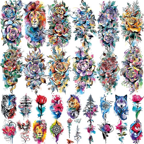 Aresvns 3D Watercolor Roses Temporary Tattoos For Women, Cute and Fun Colorful Fake tattoos,Flower Temp Tattoo Stickers