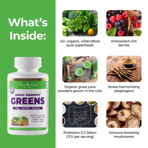 Paradise ORAC Energy Greens Powder Extract, Super Antioxidants, Probiotics for Gut Health & Digestion, Vitamin C for Immunity, with Spirulina & Chlorella, Non-GMO, Gluten Free, 120 Capsules
