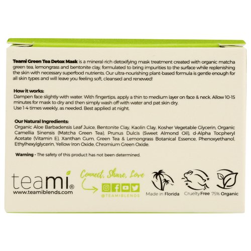Teami Detox Face Mask for Hydraiting, Moisturizing & Purifying, Blackhead Remover Green Tea Deep Cleanse Mask reduces Acne & oil, Pore Minimizer Clay Mask for All Skin Types 3.5 OZ