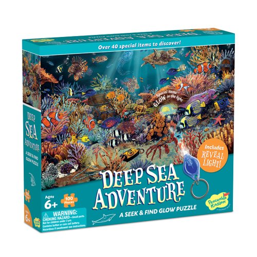 Peaceable Kingdom Deep Sea Adventure Puzzle – 100-Pc. Seek & Find Glow Puzzle for Kids Ages 6 & Up – Included Blacklight Reveals Hidden Items – Great Family Puzzles