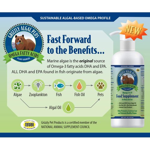 Grizzly Algal Plus Omega Fatty Acids Supplement for Dogs & Cats, 32 Fl Oz - Vegan, Plant-Sourced & Made in USA Algal Oil Omega 3-6-9, Healthy Skin & Coat