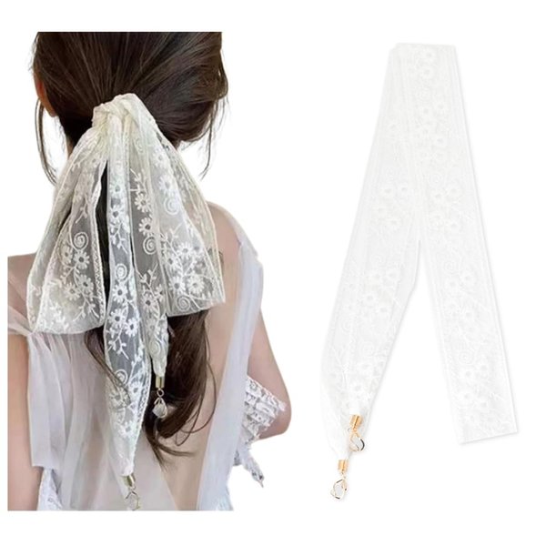White Lace Hair Scarf Bandana Headscarf Headband Elegant Headwear Dressy Hair Ribbon Ponytail Hair Ties Lace Hairband Head Wraps Covering Edge Scarf French Bridal Wedding Hair Accessories for Women