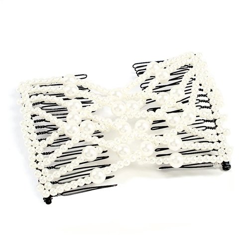 1 Piece Adjustable Elastic Hair Comb Stretchy Pearl Bow Double Comb Banana Hair Clip Beaded Hairpin Hair Accessories for Women Curly Thick Hair Ponytail