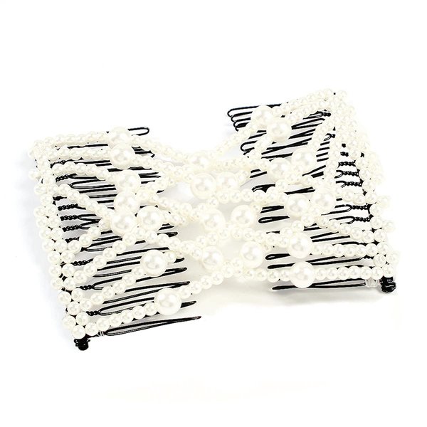 1 Piece Adjustable Elastic Hair Comb Stretchy Pearl Bow Double Comb Banana Hair Clip Beaded Hairpin Hair Accessories for Women Curly Thick Hair Ponytail