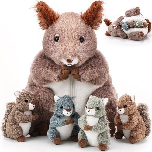 Poen 5 Pcs Squirrel Stuffed Animals Set 14'' Mommy Squirrel Plush with 4 Cute Baby Squirrels in Her Tummy Soft Cuddly Squirrel Plushie for Boys Girls Birthday Gifts Christmas Woodland Party Decors