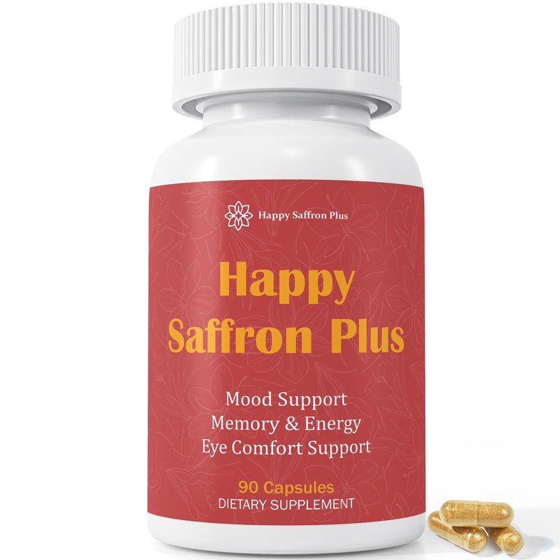 Happy Saffron Plus - 90 Capsules - with Saffron Extract, Curcumin & Zinc - Vegan, Gluten Free - 3...
