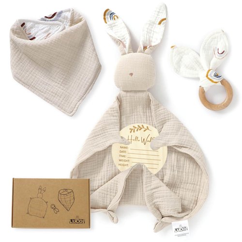 LUCOI Organic Cotton Baby Gift Set - 4-Piece Muslin Bunny Lovey Security Blanket, Teether Ring, Bandana Bib & Wooden Announcement Card - Gender Neutral Newborn Gifts, Welcome Baby Box, Baby Loveys
