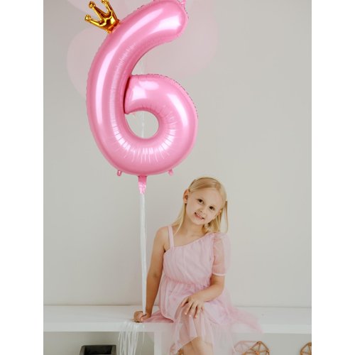 Kwuz 40 Inch Crown Pink Number 6 Balloon, Big Conjoined Baby Pink Foil Mylar Helium 6 Balloon for Girls 6th Birthday Party Decorations Pink Princess Theme Party Decorations Supplies Anniversary Decor