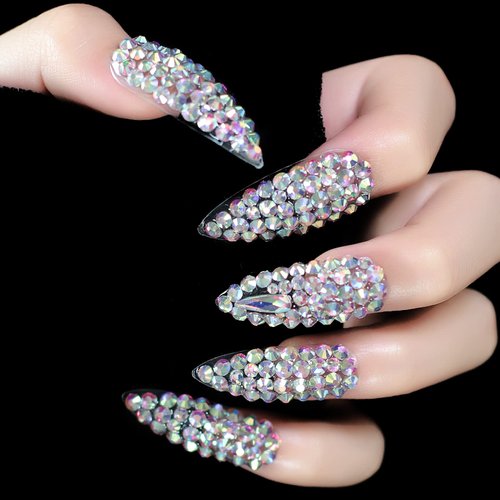 3D Rhinestone Art Deco False Nails Acrylic Shiny Diamond Long Almond Gem Gorgeous Sophisticated P...