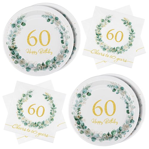 WenmthG 40Pcs 60th Birthday Party Tableware Set for Men Women - Sage Green 60th Birthday Decorations - 20Pcs Paper Plates and 20Pcs Napkins for 20 Guests - 60th Birthday Party Supplies for Boys Girls