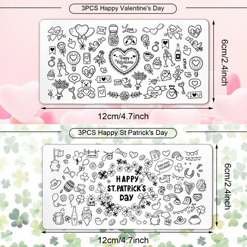 Whaline 6Pcs St. Patrick's Day Valentine's Day Nail Art Stamping Plates Kit Love Heart Spring Shamrock Image Stamp Templates Nail Art Plates Set for DIY Print Manicure Salon Design