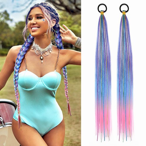 LyoRuSi 26 Inch Hair Tinsel Colored Braided Ponytail Extension 2 Pack Blue Pink Gradient Hair Extensions Ponytail with Elastic Tie Straight Sleek Wrap Around Hair Extensions for Braids