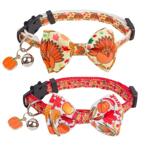 ADOGGYGO Thanksgiving Cat Collars with Bow Bell, Breakaway cat Collar with Bowtie Pumpkin Cat Kitten Collar for Girl Boy Cats Kittens (Thanksgiving)