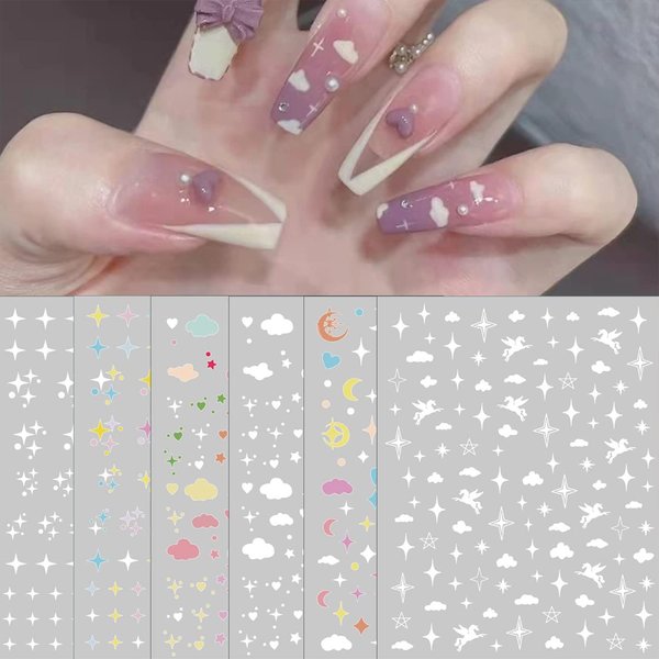6 Sheets Star Cloud Nail Art Stickers Starry Sky Wrangler Moon Rainbow Heart Nail Decals Cute 3D Self-Adhesive Nail Decorations for Nail Art Design DIY Nail Supplies for Women Girls Kids
