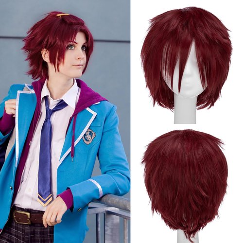 S-noilite Unisex Short Cosplay Hair Wig For Women Men Layered Straight Shaggy Short Anime Wig Party Costume Wigs Wine Red