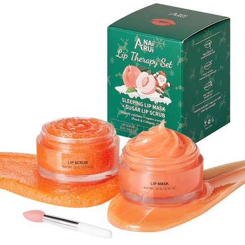 ANAI RUI Lip Care Set, Lip Scrubber Exfoliator & Lip Balm Hydrating, Lip Exfoliator Scrub and Moisturizer, Lip Sleeping Mask for Lip Lightening for Dry Chapped Dark Lips for Christmas Gifts (Peach)