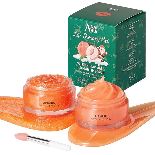 ANAI RUI Lip Care Set, Lip Scrubber Exfoliator & Lip Balm Hydrating, Lip Exfoliator Scrub and Moisturizer, Lip Sleeping Mask for Lip Lightening for Dry Chapped Dark Lips for Christmas Gifts (Peach)