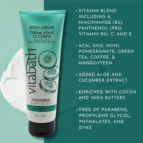 Vitabath Cucumber & White Tea Moisturizing Body Cream - Soothing Hydration Vitamin & Nutrient Skin Care - Replenishing All Over Dry Skin Lotion Moisturizer for Women & Men - 8 Ounce