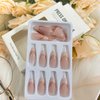 Press on Nails Tip Almond Medium, Artificial Fake Nails with Gold Lines Design, Full Cover Reusable Coffin Shaped Glossy False Nails, Nude Pink French Acrylic Nails, Glue on Nails for Women Set 24Pcs