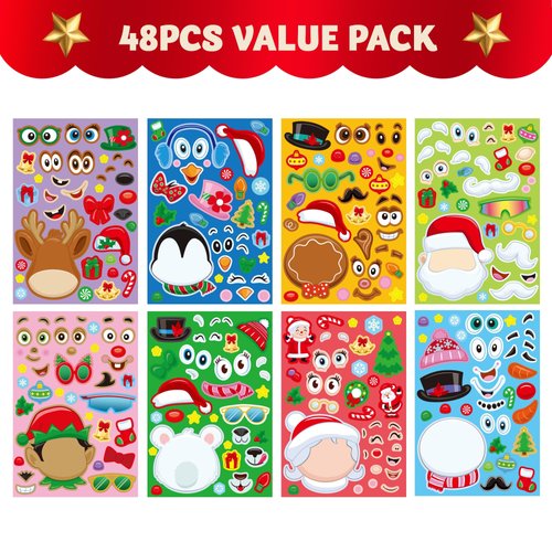 JOYIN 48 Pcs Christmas Make-a-face Sticker Sheets Make Your Own Characters Mix and Match Sticker Sheets with Santa Santa, Reindeer, Gingerbread, Snowman and Elf, Kids Party Favor Supplies Xmas Craft