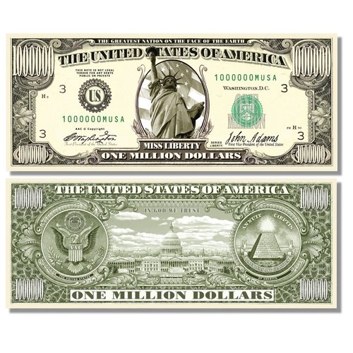 10 pcs Miss Liberty Million Dollar Bills with Bonus “Thanks a Million” Gift Card Set