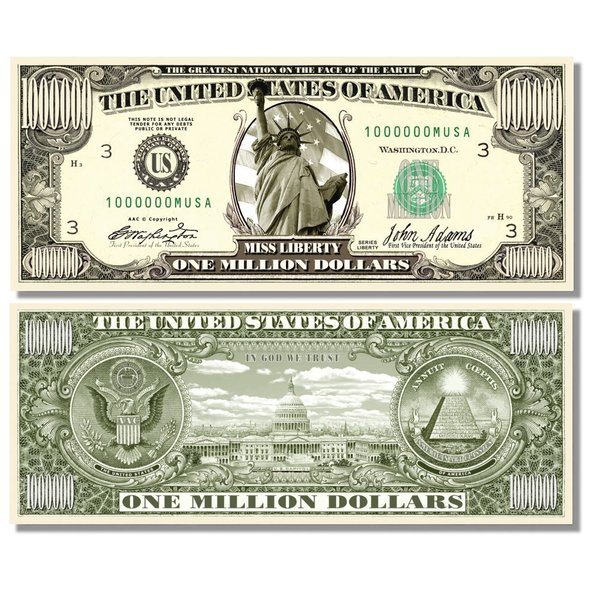 10 pcs Miss Liberty Million Dollar Bills with Bonus “Thanks a Million” Gift Card Set