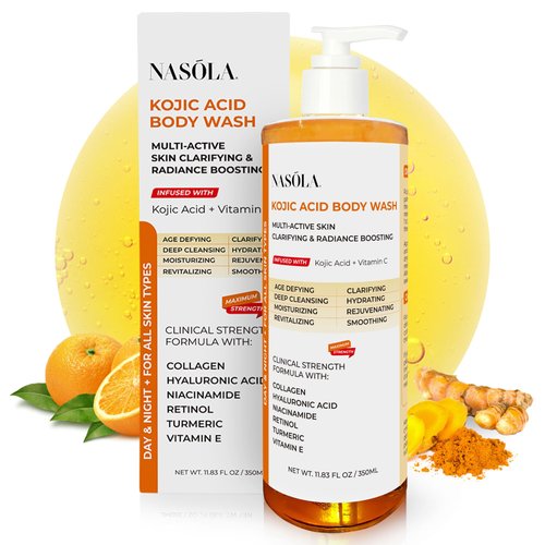 Nasola Kojic Acid Soap Body Wash + Turmeric Vitamin C Organic Natural Moisturizing Exfoliating Unscented Korean Cleansing Shower Gel for Women Men - 11.83 Fl Oz