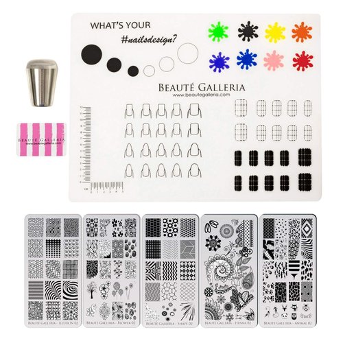 Beaute Galleria Bundle Nail Art Stamping Set - 5 Styles of Premium Etched Stamping Plates Image Templates, Silicone Nail Mat, Nail Stamper, Plate Scraper and Instruction Card