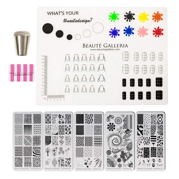 Beaute Galleria Bundle Nail Art Stamping Set - 5 Styles of Premium Etched Stamping Plates Image Templates, Silicone Nail Mat, Nail Stamper, Plate Scraper and Instruction Card