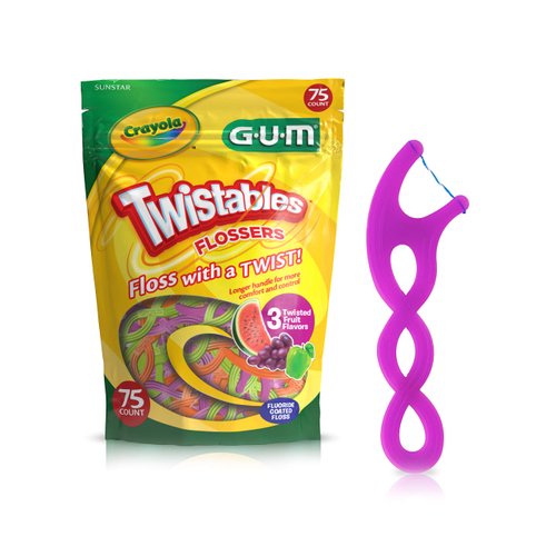 GUM Crayola Twistables Kids Flossers with Fluoride - Designed for Little Hands - Three Fun Fruit Flavors - Easy to Use Kids Floss Picks for Children Ages 3+, 75 ct (4pk)
