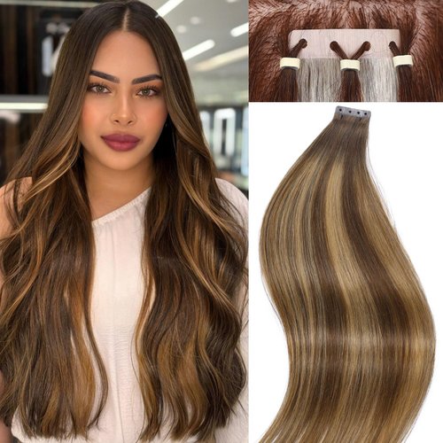 FANCEE No Glue Human Hair Hair Extensions Highlighted Brown Tape in Hair Extensions with Holes Invisible Seamless Skin Weft Hair Extensions for Women (50g 20Pcs, 18 Inch)