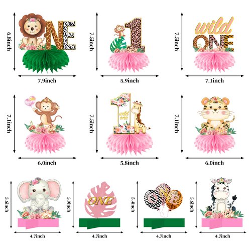 Eiurteao Wild One Birthday Decorations Honeycomb Centerpieces for Baby Girls, Safari Jungle 1st Birthday Table Centerpieces Party Supplies, Pink Safari Animal First Bday Table Topper Sign Decor