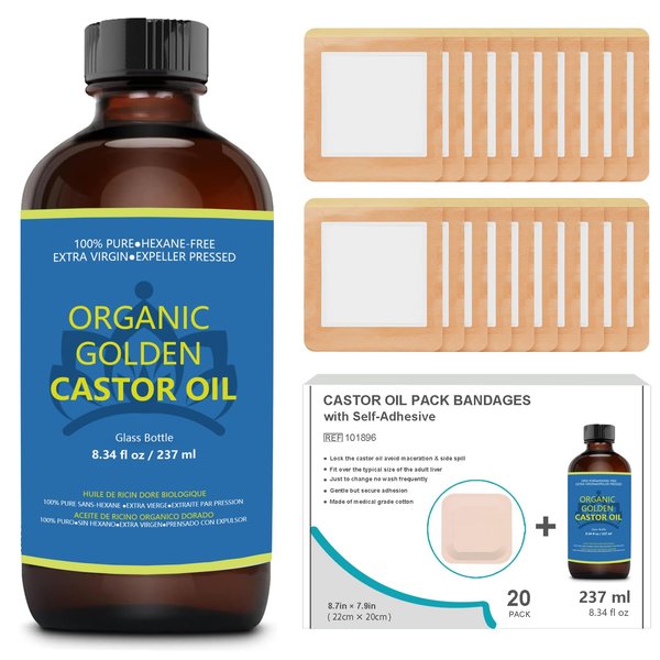 ZELIER Castor Oil Pack for Liver Kit, Castor Oil Organic Cold Pressed Unrefined in Glass Bottle (8fl.oz/237ml), 20Pcs 8.7"*7.9" Self-Adhesive Castor Oil Pack Wrap Kits, No Wash, Anti-Seepage