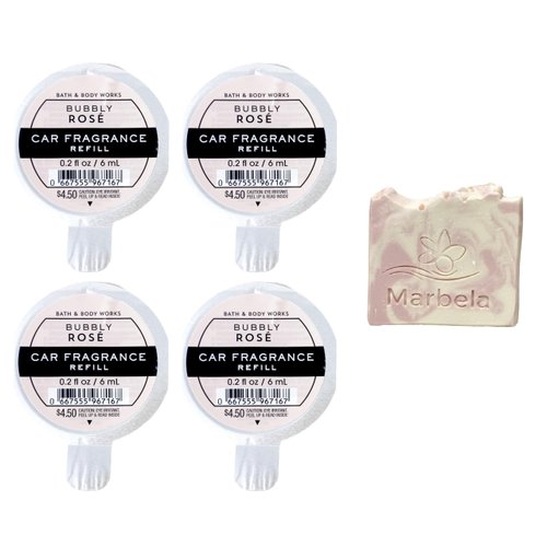 Bath & Body Works Bubbly Rosé Car Fragrance Refills - Pack of 4 With a Himalayan Salts Springs Sample Soap.