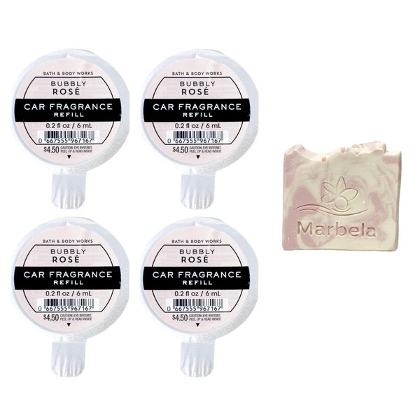 Bath & Body Works Bubbly Rosé Car Fragrance Refills - Pack of 4 With a Himalayan Salts Springs Sample Soap.