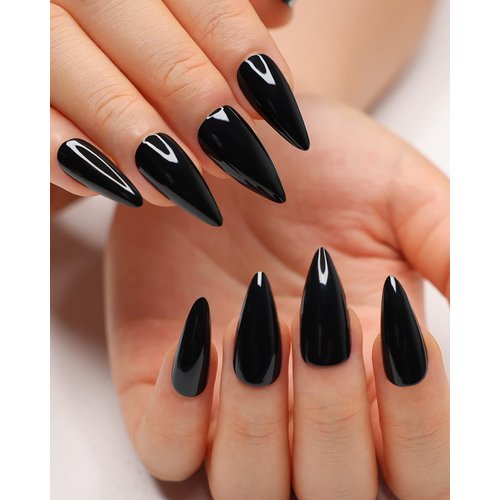 morily 24Pcs Black Press on Nails Stiletto Fake Nails Medium Length Almond False Nails Tips Long Acrylic Glossy Stick on Nail Solid Color Full Cover Fingernails Manicure for Women and Girls (Black)