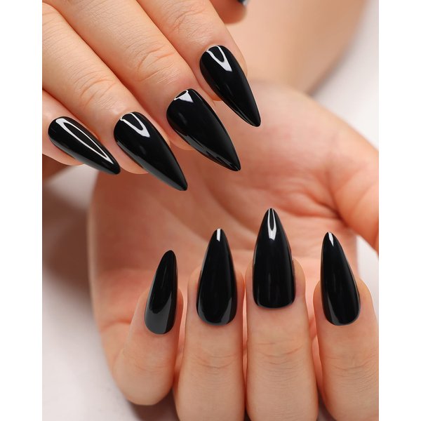 morily 24Pcs Black Press on Nails Stiletto Fake Nails Medium Length Almond False Nails Tips Long Acrylic Glossy Stick on Nail Solid Color Full Cover Fingernails Manicure for Women and Girls (Black)