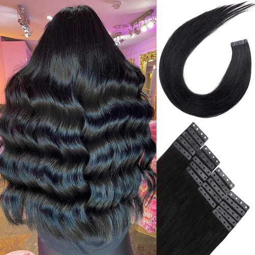 WIGER New Glueless Human Hair Extensions with Hole Off Black Tape in Hair Extensions Kit No Clips 1B Skin Weft Remy Human Hair Extensions Seamless Tape ins Invisible Hair Extensions (16 In, 20 Pcs)