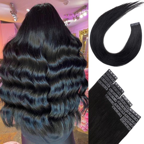 WIGER New Glueless Human Hair Extensions with Hole Off Black Tape in Hair Extensions Kit No Clips 1B Skin Weft Remy Human Hair Extensions Seamless Tape ins Invisible Hair Extensions (16 In, 20 Pcs)