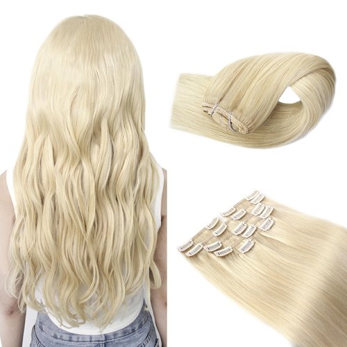 Hair Extensions Clip in Real Human Hair, Invisible Platinum Blonde Hair Extensions Clip ins for Women, Remy Clip on Hair Extensions for Straight or Wavy Hairstyle 20inch 120g 7pcs