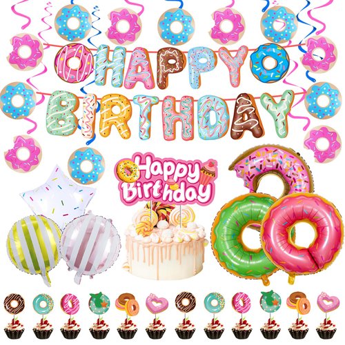 60 Pcs Candyland Party Decorations, Donut Party Supplies with Happy Birthday Banner, Cake Topper, Swirls, and Balloons, Lollipop Party Accessories for Summer Pool Beach Classroom Birthday Decorations