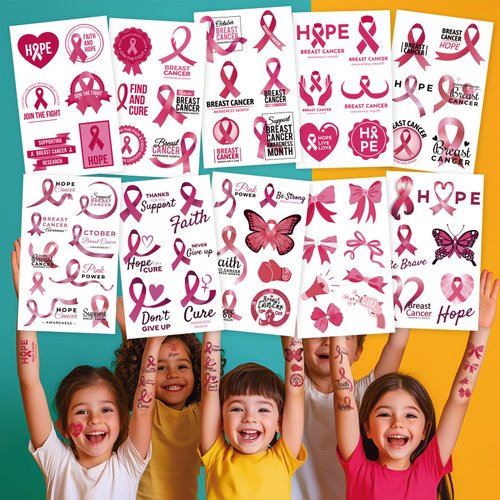 10-Pack Breast Cancer Awareness Temporary Tattoo Stickers – 2.9 x 4.7 Inch Pink Ribbon Fake Tattoos for Fundraisers, Walks, and Support Events