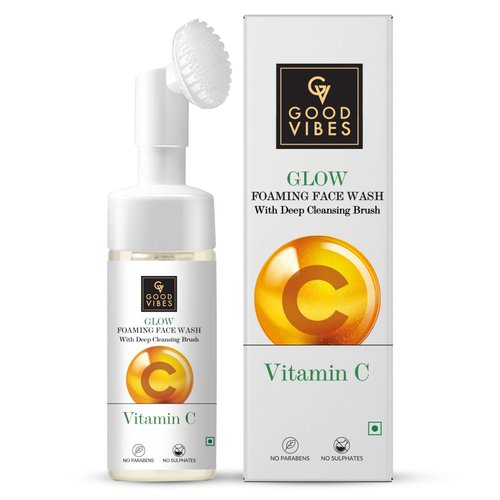 Good Vibes Vitamin C Glow Foaming Face Wash With Deep Cleansing Brush, 150 ml Non-Drying Face Cleanser For Clear Skin | No Parabens, No Sulphates, No Animal Testing