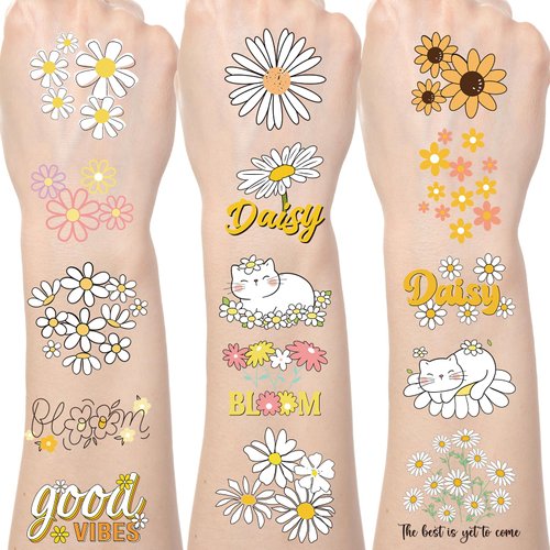 Yoyuspy Dasiy Flower Temporary Tattoos - 200+ Daisy Birthday Party Decorations Cute Bloom Floral Temporary Tattoos Stickers Gifts for Kids Daisy Party Decoration Favors Supplies Rewards Prizes