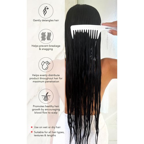 HAIRtamin Wide Tooth Comb Detangler for All Hair Types and Lengths | Pain-Free Detangling Brush for Adults & Kids - Plastic, White, 1 Count