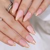Gold Double French Tips Press on Nails Medium Almond Fake Nails French Nails Oval Shaped False Nails with Gold Stripes Designs Acrylic Nails French Tip Nails Glossy Glue on Nails for Women Girls