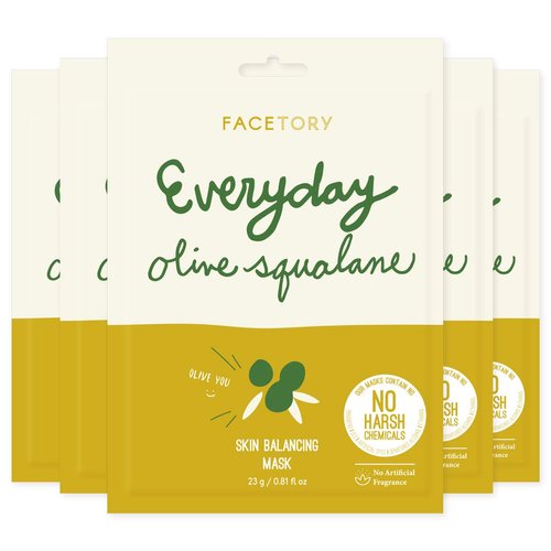 FACETORY Everyday Olive Squalane Skin Balancing Sheet Mask With No Harsh Chemicals - Soft, Form-Fitting Mask, For All Skin Types - Balancing, Rejuvenating, and Moisturizing Face Mask (Pack of 5)