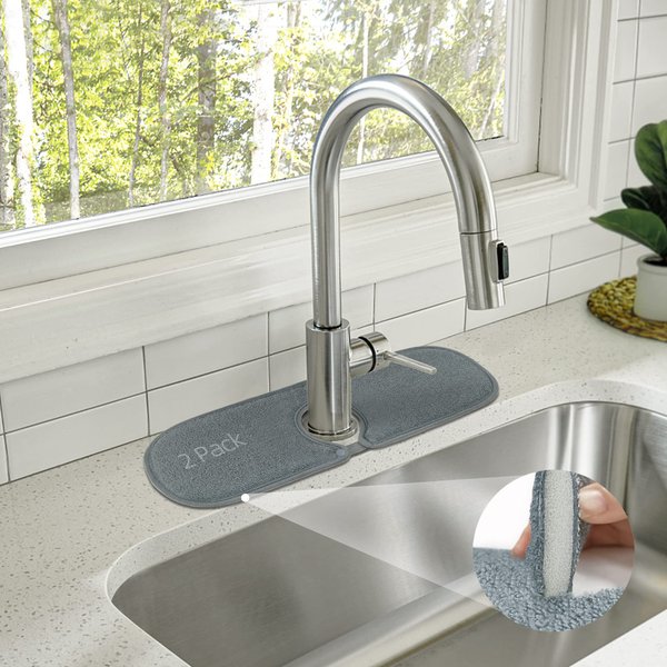 LOPNUR Faucet Mat for Kitchen Sink, 15”x 5” Kitchen Sink Splash Guard Behind Faucet, Sink Faucet Absorbing Mat for Kitchen & Bathroom, Washable Microfiber Faucet Splash Guard for Sink【Grey, 2 Pack】